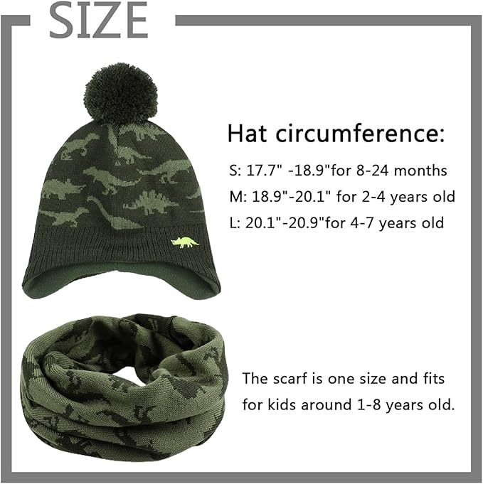 JANGANNSA Knitted Baby Hat Scarf Set Winter Warm Boys Girls Beanie Fleece Lining Toddler Kids Hats with Pompom