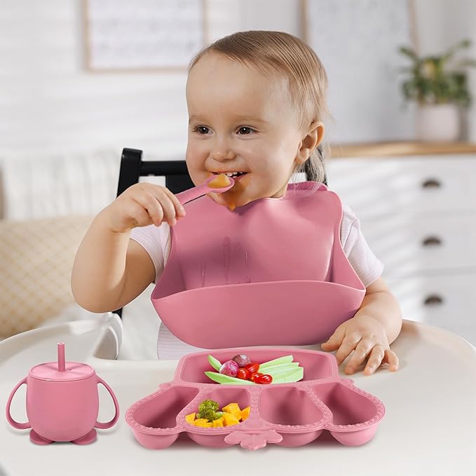 Silicone Baby Feeding Set 10 Pcs Baby Led Weaning Supplies Suction Bowl Divided Plate Baby Bibs Fruit feeder Pacifier Baby Spoons Forks Sippy Cup Utensil Sets Baby Essentials for Newborn (Deep Pink)