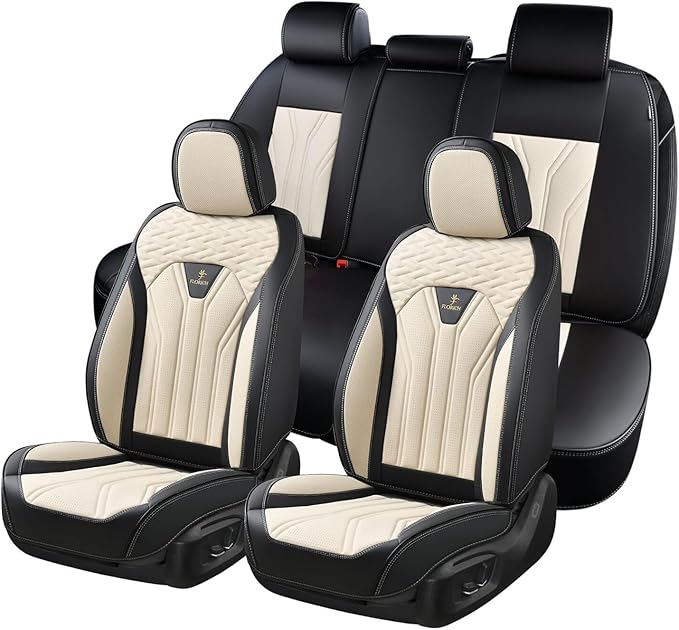 FLORICH Rear Seat Covers Leather Car Seat Covers Waterproof Back Seat Cover Automotive Seat Covers Universal Seat Cushion Protector for Most Cars Trucks SUV-Black&Beige
