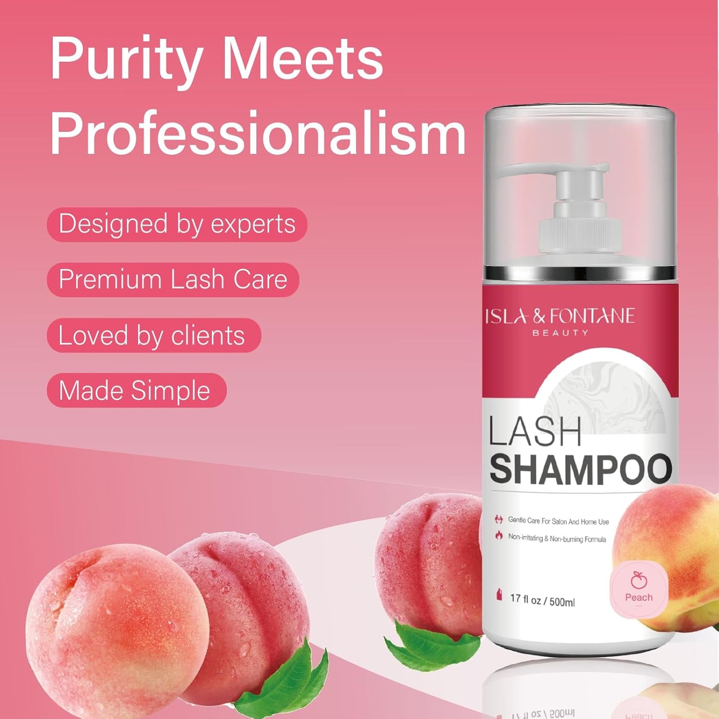 ISLA & FONTANE Lash Shampoo Bulk – Multi-Scent Series – 17 fl oz / 500ml | Gentle Eyelash Cleanser for Lash Extensions | Non-Irritating | Professional Lash Bath Foam For Salon And Home Use (Peach)