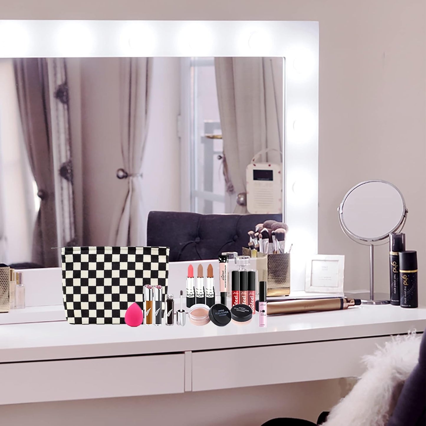 PAZIMIIK Makeup Bag Large Zipper Corduroy Make Up Pouch for Purse Travel Canvas Cosmetic Organizer for Women Brush Storage,Checkered Black