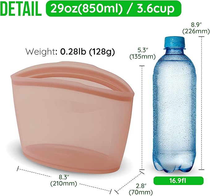 Premium Platinum Silicone Reusable Food Storage Bag 3.6 Cup (29 fl oz), Airtight Zip Lock Bags for Food, BPA-Free Silicone Freezer Bags, Microwave Safe Sous Vide Container, Dry Rose