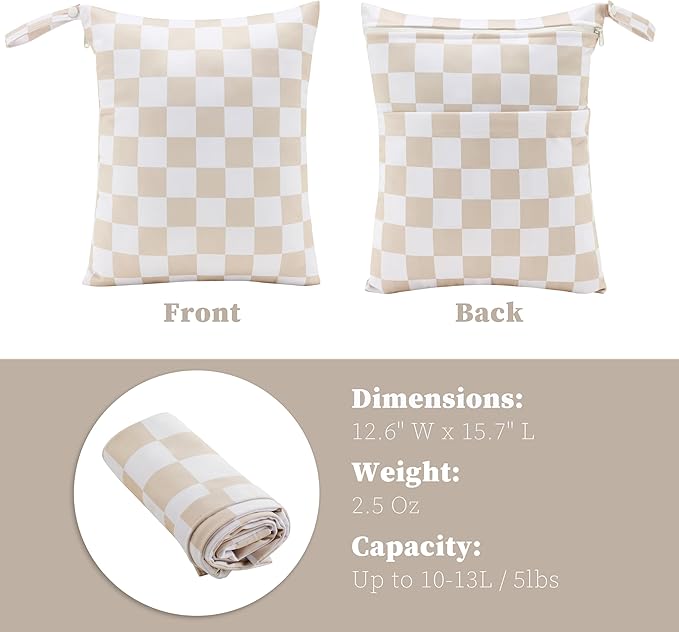 Beige Khaki Checkered Waterproof Wet Dy Diaper Bag for Baby Essentials, Travel, Swimsuit, Beach Bag Accessories, Aesthetic Trendy Cute Toddler Baby Cloth Bag Pouch, Pack of 2
