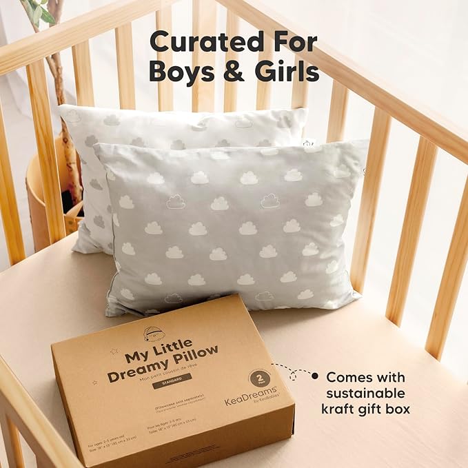 KeaBabies 2-Pack Toddler Pillow 13x18 - Soft Organic Cotton Kids Travel Bed Pillows for Sleeping, School, Nap, Machine Washable, Toddlers 2 to 5, Pillowcase Sold Separately (Cloud)