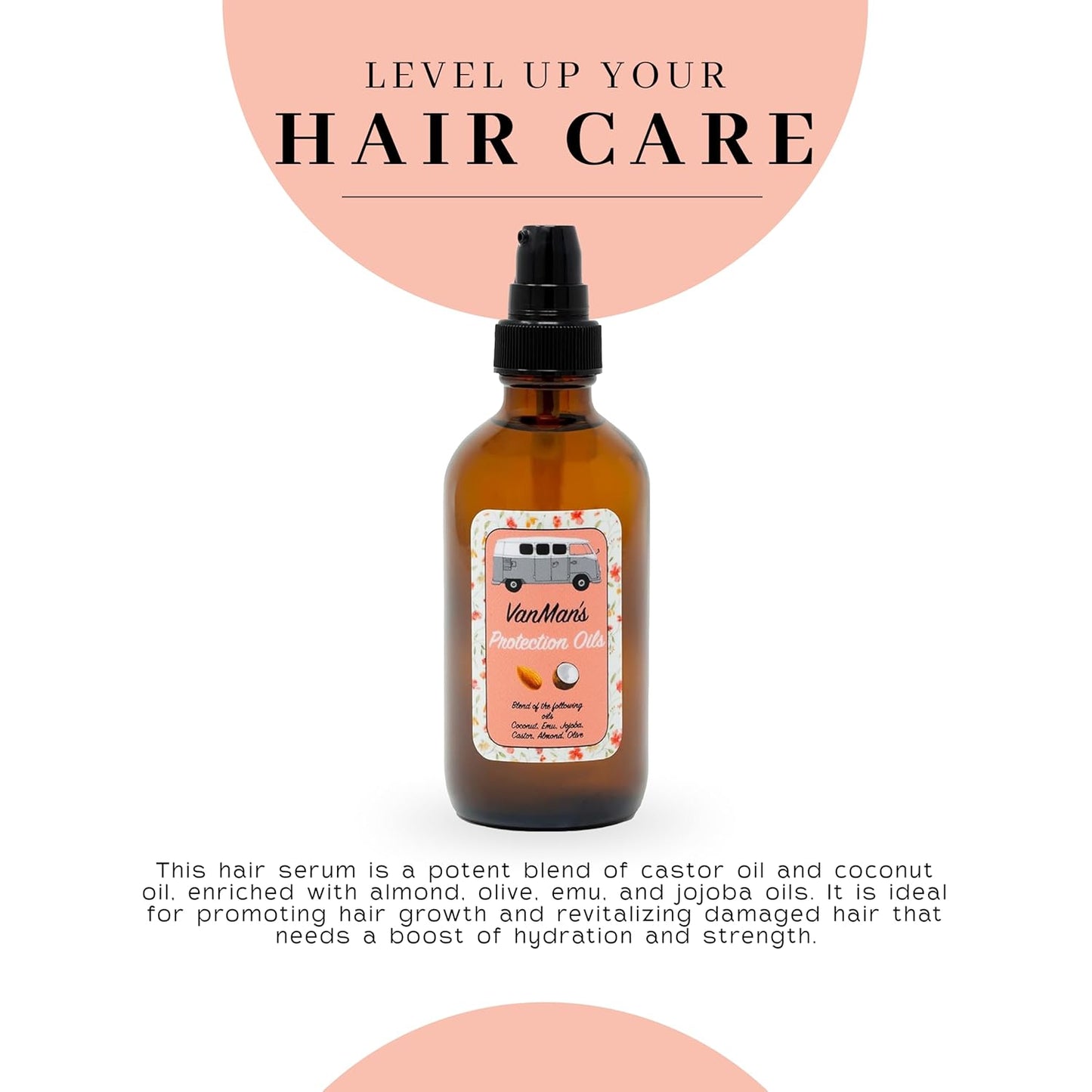 Vanman - Protection Oil Hair Serum for Growth - Infused with Castor, Jojoba, Almond, Olive, Emu, Coconut Oil - Fragrance-Free - for Dry and Frizzy Hair - 4 Ounce