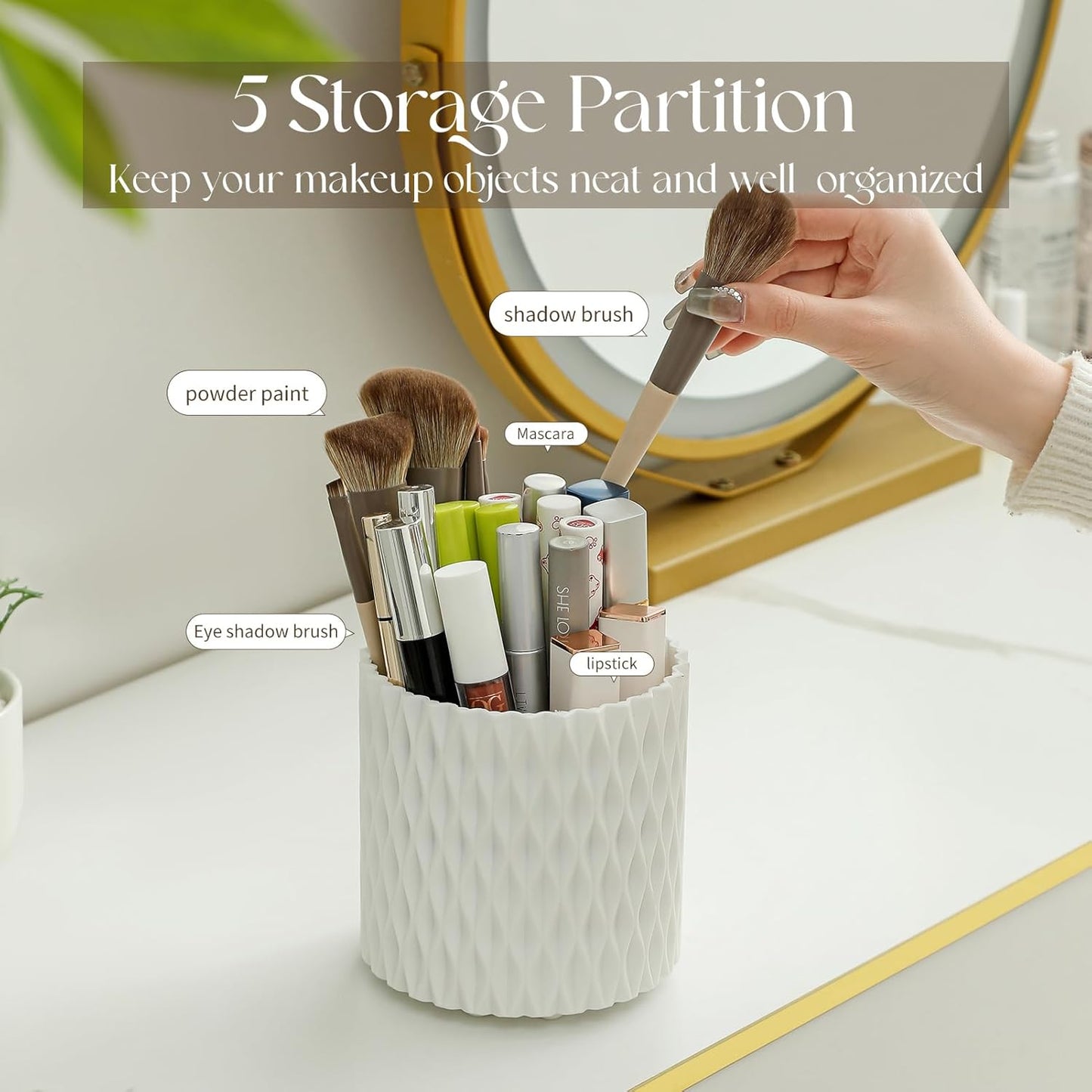 Makeup Brush Holder Organizer - 360° Rotating Makeup Brush Organizer 5 Slot Make up Brushes Cup for Cosmetics, Lipsticks, Bathroom Vanity Desktop Storage (White)