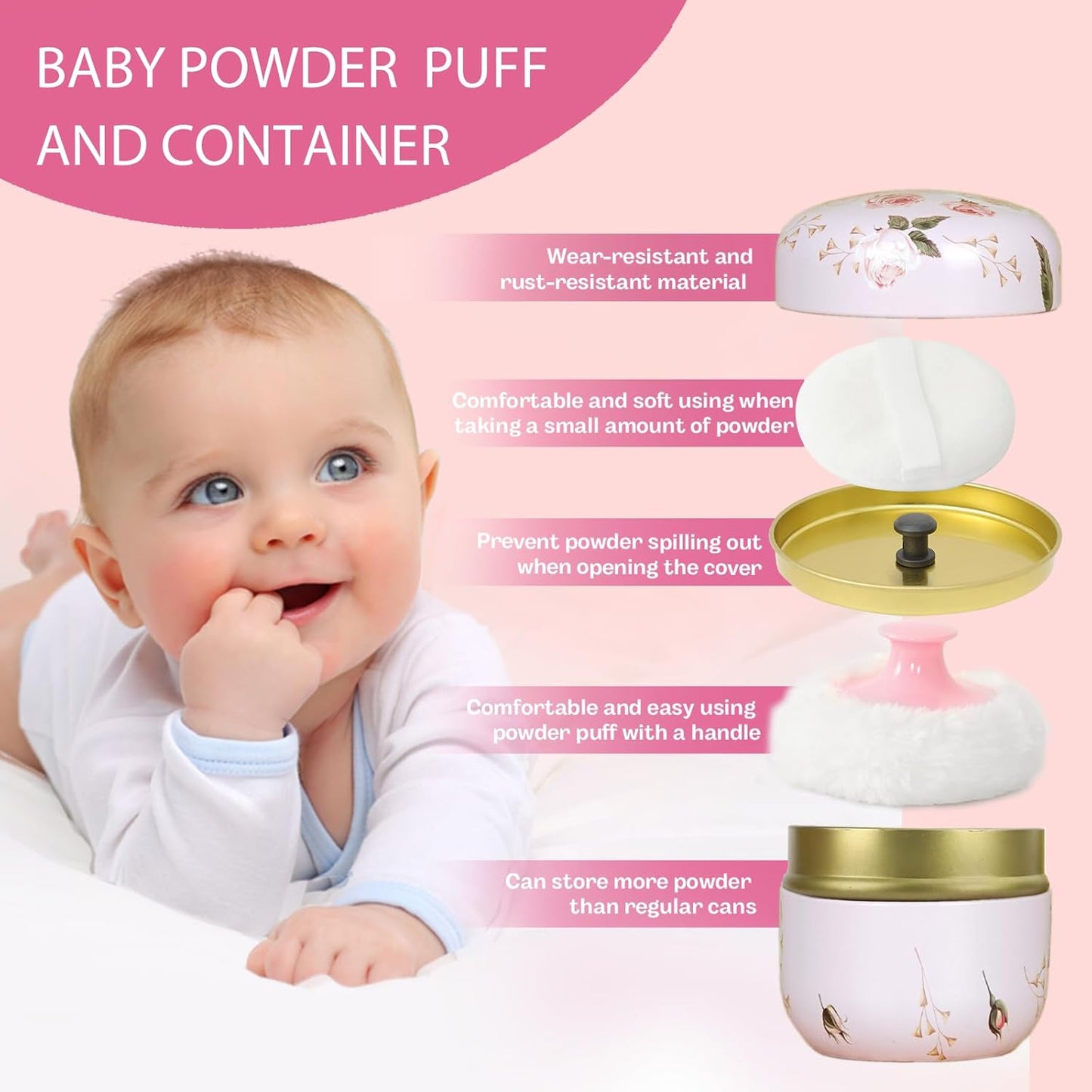 SHIMIDO Body Powder Puff and Container, 3.15" Portable Empty Body Powder Container for Baby Women's Loose Dusting Powder, Powder Case Box with Lids for Bath, Travel and Home Use (Old time)