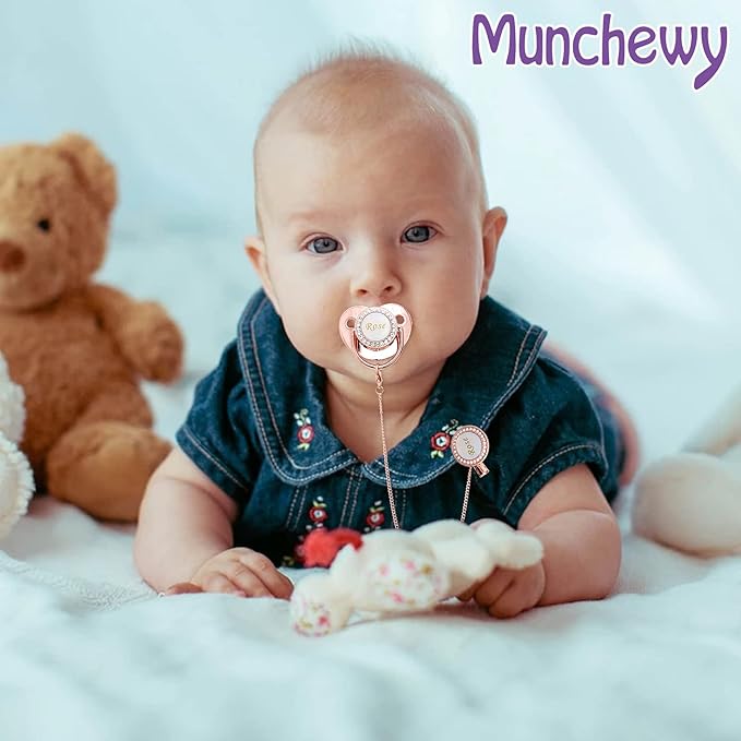 Personalized Pacifier with Name, Bling Pacifier Clip Set with Gift Box Greeting Card, Glitter Crystal Luxurious Soother Dummy Ideal Gift for Girl Baby Shower Newborn Photography(Rose Gold)