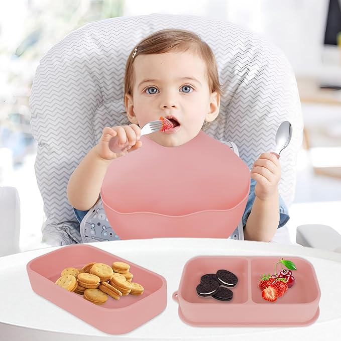 Travel Silicone Baby Feeding Set with 316 Stainless Steel Spoon & Fork,Silicone Suction Plates, Foldable Bib, Storage Bag - Portable Infant Toddler Utensils, 6-Piece BPA-Free Dishware Kit(pink)