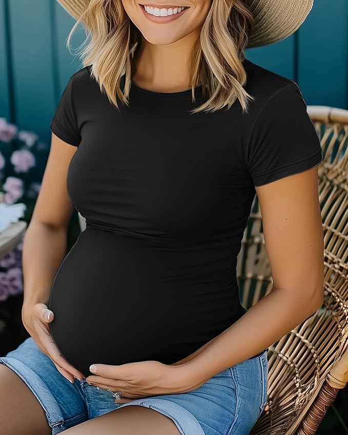 Huukeay 4 Pack Women's Maternity Shirts, Crew Neck Maternity Top Short Sleeve Casual Cotton Tee Side Ruched Pregnancy Clothes