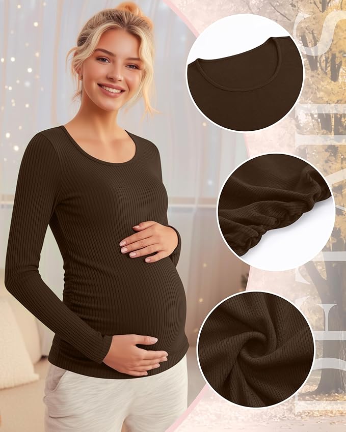 Riyiper 4 Pack Women's Maternity Shirts, Long Sleeve Cotton Ribbed Pregnancy Tee Top Crewneck Side Ruched Casual Mama Clothes
