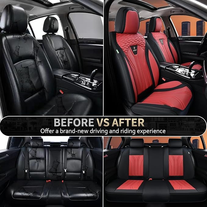 FLORICH Leather Seat Covers Automotive Seat Covers Car Seat Covers Full Set Car Seat Protectors 5 Seats Driver Seat Covers Fit for Most Cars Trucks SUV-Black&Burgundy