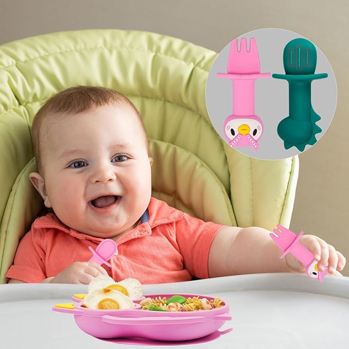 Baby Toddler Silicone Suction Plate with Spoon&Fork And Adjustable Bib Set,Silicone Baby Feeding Utensils Set,Baby Toddler Led Weaning Supplies Set-Pink Owl Set