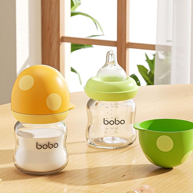 YOHKOH Natural Glass Baby Bottle with Natural Response Nipple, Newborn Anti-Colic Baby Bottles, Wide Neck Mushroom Cap Baby Bottle, Clear (Multicolour1, 3.4oz (Pack of 2))