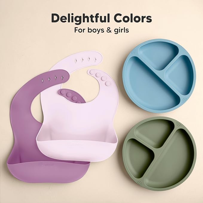 KeaBabies 2-Pack Silicone Baby Bibs for Eating - Sturdy Food-Grade Silicone Bibs for Babies Girl, Boy, Large Food Catcher, Clean & Put On Easily, Waterproof Toddler Feeding Essentials (Amethyst)
