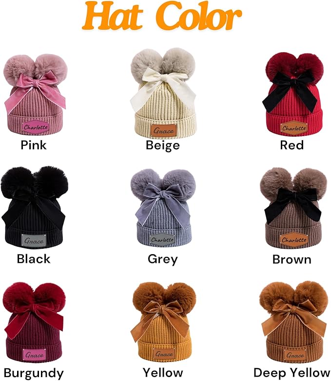 Personalized Toddler Beanie Hat with Bow - Custom Winter Pom Pom Beanies - Leater Patch Baby Warm Knit Hats