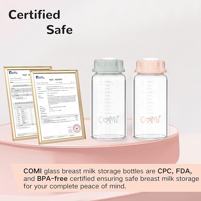 COMI Natural Glass Baby Bottle,Standard Neck Breastmilk Storage Bottle for Fridge,Breast Milk Container,Breast Pump Bottle Compatible with Medela Breast Pump,BPA Free,6PCS (5oz,6 Pink Lids)