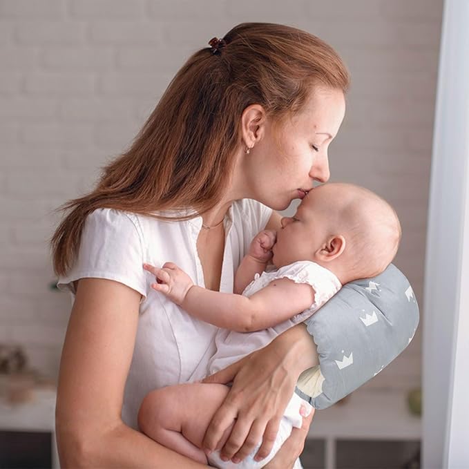 Nursing Arm Pillows for Breastfeeding,Baby Feeding Arm Pillow Portable and Washable for Travel, Soft Cotton Ergonomic Bottle Nursing Essentials(Grey Crown)