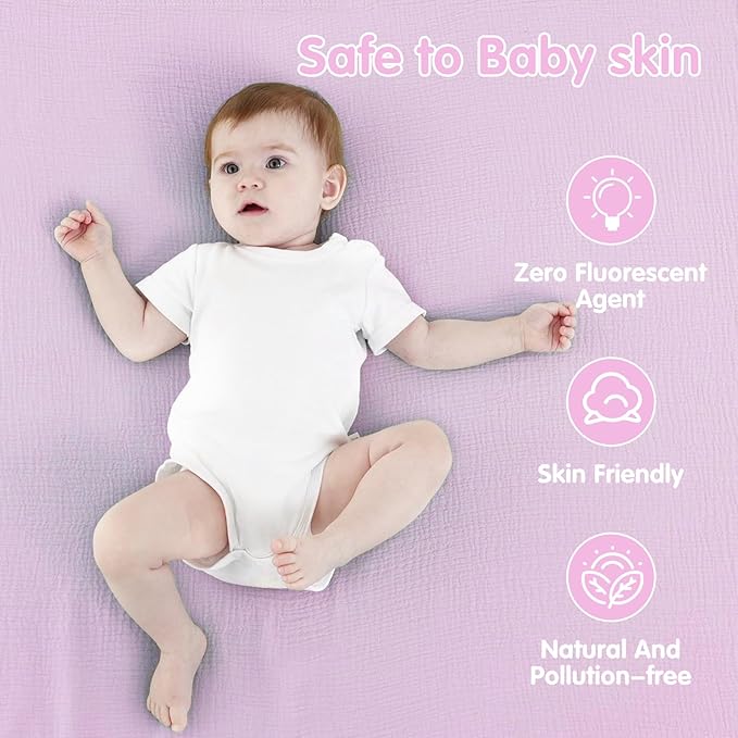 Muslin Swaddle Blankets for Newborns, 2 Pack Large 40 x 40 Inches, 100% Cotton Receiving Blankets, Soft and Breathable Baby Swaddles, Baby Essentials for Girls, Shower Gift, Pink and Purple