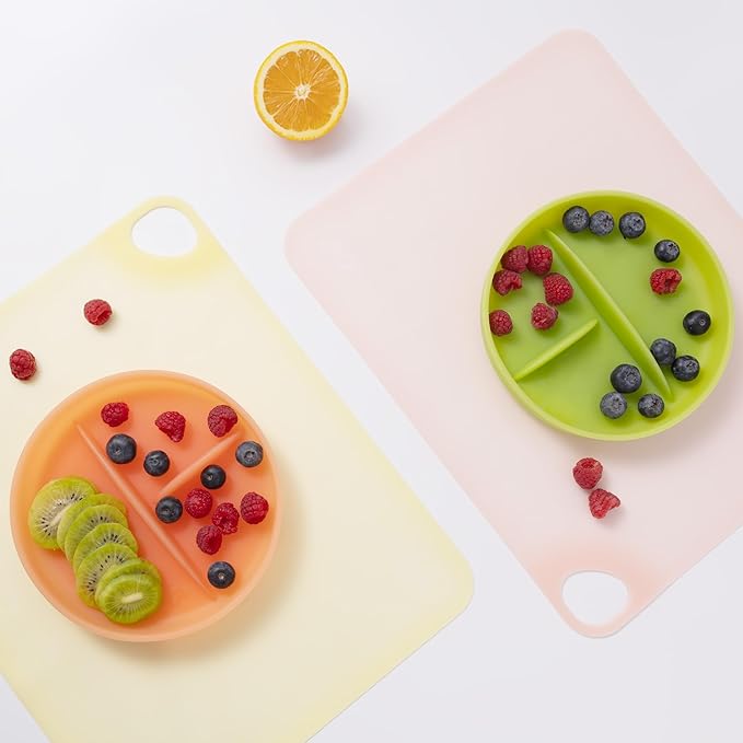 Olababy Fold N Go Silicone Placemat w Travel Case | Dishwasher Safe, BPA Free, Non-Slip, Waterproof | Mini Dining Mat for Infants, Babies, Toddlers and Kids (2, Coral/Lilac)