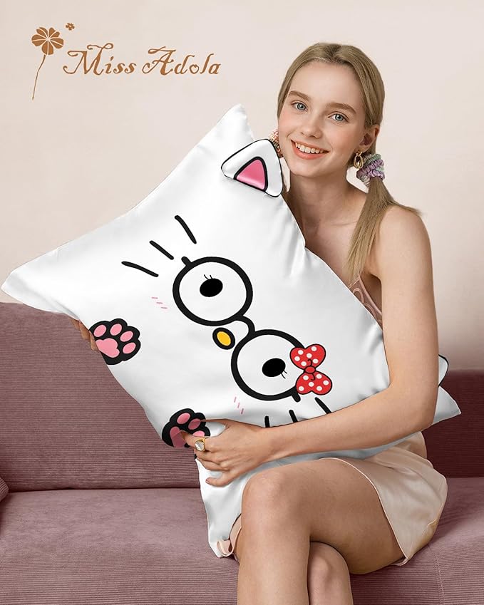 Kids Pillowcases Standard Size 20"x26" - Cute Cartoon Soft Breathable Silk Pillow Cases for Hair and Skin with Hidden Zipper for Women Fun Kawaii Design for Bedding, Glasses Cat