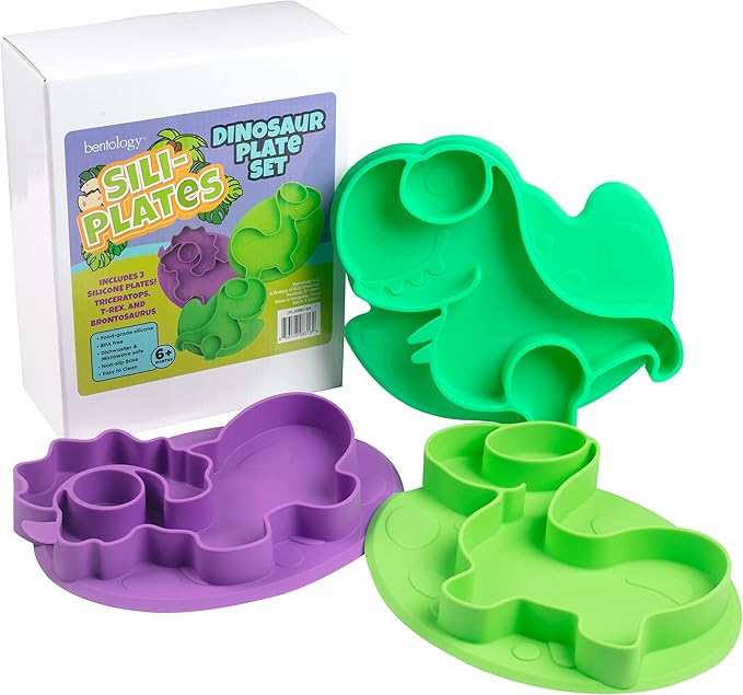 Dinosaur Silicone Compartment Plates- 3 PK T-Rex - Large Divided Sections for Easy Grabbing Baby Food Training, Non-Slip Unbreakable Material, Flexible Shapes for Toddlers, Kids - BPA Free, Food Safe