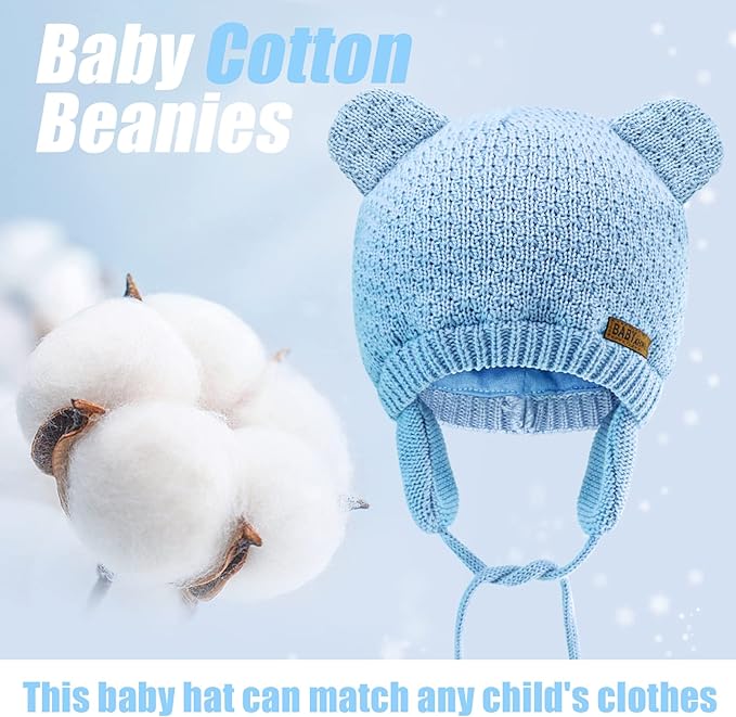 BAVST Baby Beanie Hat for Winter with Earfalp Cute Bear Kids Toddler Girls Boys Warm Knit Cap 0-2Years