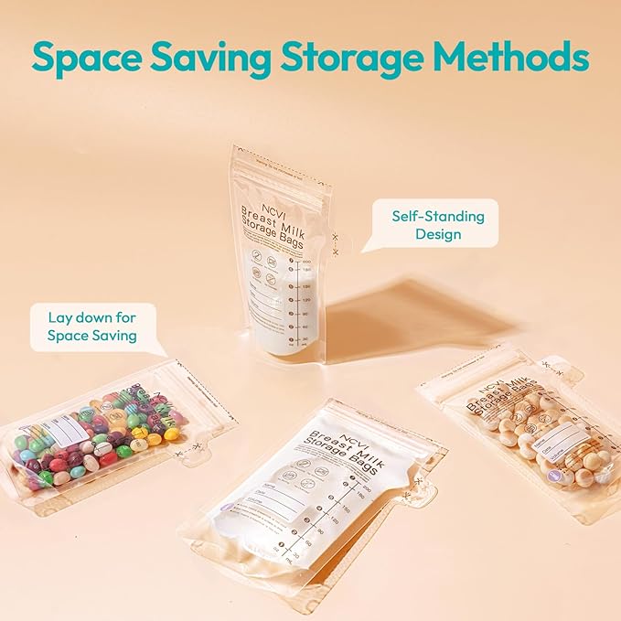 NCVI Breastmilk Storage Bags, 90 Count Milk Storage Bags for Breastfeeding, 7oz Breast Milk Storage Bags with Temp-Sensing, Doubled-Sealed, Hygienically, Self Standing, Easy Pour Spout, BPA Free