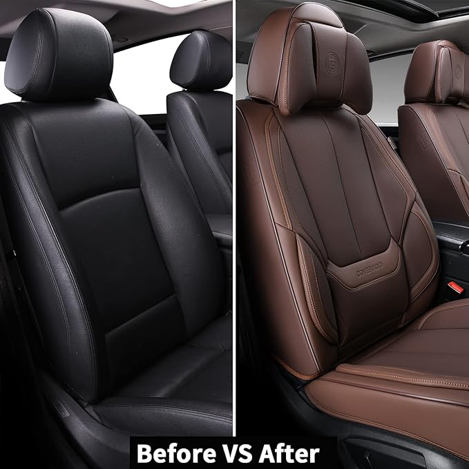 Coverado Universal Seat Covers Front, 2-Pack Universal Seat Covers for Cars, Waterproof Nappa Leather Car Seat Covers with Head Pillow, Auto Protectors Fit for Most Sedans SUV Pick-up Truck-Brown