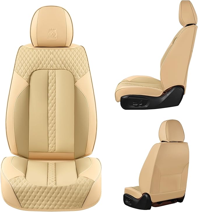 Doogo Car Seat Covers Full Set, Leather Seat Covers 5 Seats, Waterproof Car Seat Cushions, Auto Front and Rear Seat Protectors Automotive Covers Fit for Most Cars-Beige