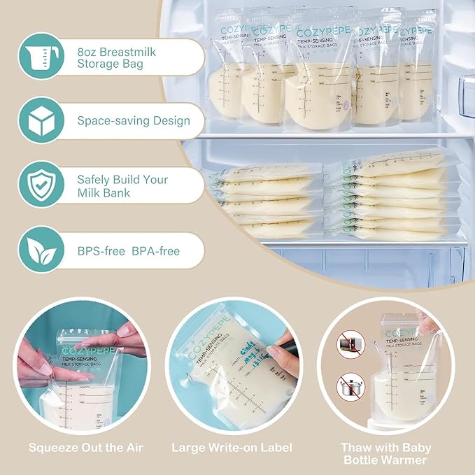 200 Pcs Breastmilk Storage Bags, 8oz Breast Milk Storing Bag with Pour Spout, Temperature-Sensing Color Change Milk Bag for Convenient Breastfeeding, No Leak Presterilized for Freezer