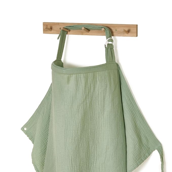 TILLYOU Muslin Nursing Cover for Baby Breastfeeding, 100% Cotton Breathable with Arch Neckline for Women, Green