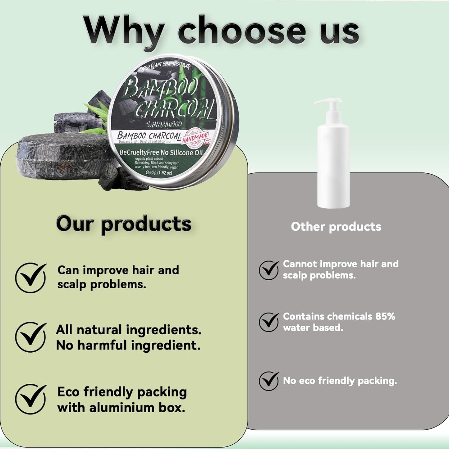 2PCS Bamboo Charcoal Shampoo Bar for Gray Hair, Black Soap for Gray Hair Natural Organics Shampoo and Conditioner Bar for Thinning Hair for Men & Women (Bamboo Charcoal)