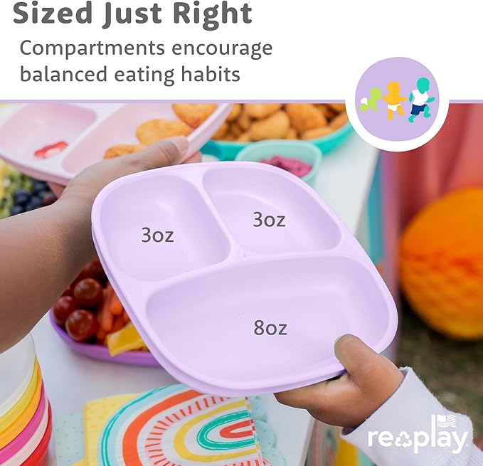 Re-Play Toddler Plates with Dividers - Deep-Walled 3 Compartments Divided Plates for Kids with 3 Lids - Dishwasher & Microwave Safe - Made in USA - Set of 3-7.37" x 7.37" x 1.25" - Sparkle