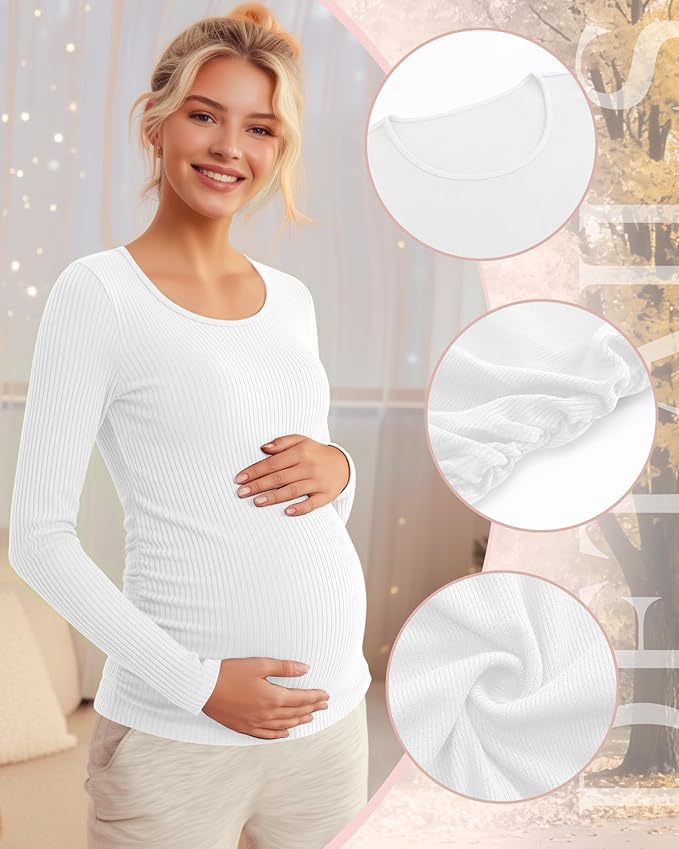 Riyiper 4 Pack Women's Maternity Shirts, Long Sleeve Cotton Ribbed Pregnancy Tee Top Crewneck Side Ruched Casual Mama Clothes