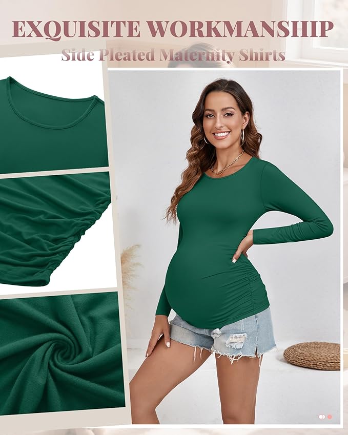 Ficerd 3 Pack Women's Maternity Shirts, Long Sleeve Side Ruched Pregnancy Tee Tops Crew Neck Casual Mama Clothes Basic Tunic