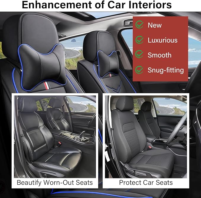Leather Car Seat Covers Fit for LR Range Rover Evoque 2019-2025, 5 Seater Waterproof and Wear-Resistant Seat Cover Interior Accessories(Full Set with Pillow,Black&Blue)