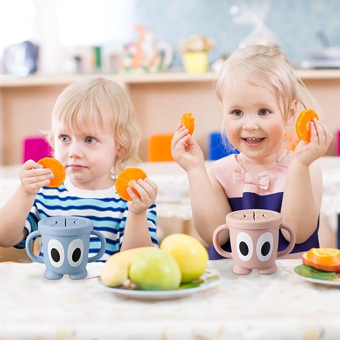 Silicone Snack Cups Food Container for Toddlers and Babies, Spill Proof Training Cup with Snack Cup Lid & Dust Proof Lid, Comes with a toy strap, Without BPA, Lead, or Phthalates (Ether & Sage)