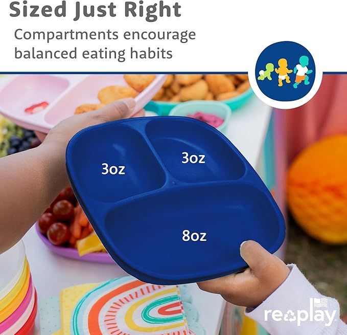 Re-Play Toddler Plates with Dividers - Deep-Walled 3 Compartments Divided Plates for Kids with 3 Lids - Dishwasher & Microwave Safe - Made in USA - Set of 3-7.37" x 7.37" x 1.25" - A True Blue