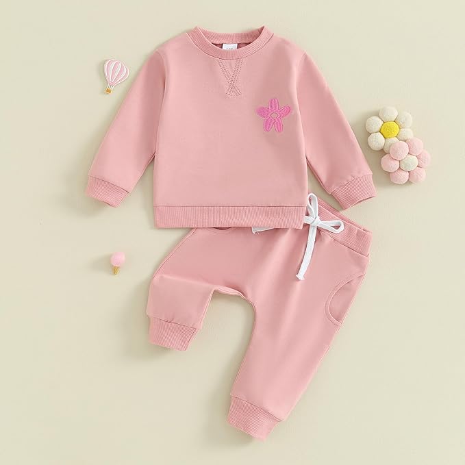 Fernvia Toddler Baby Girl Clothes 3 6 9 12 18 24 Months Fall Outfits Solid Long Sleeve Sweatshirt Tops + Pants Set