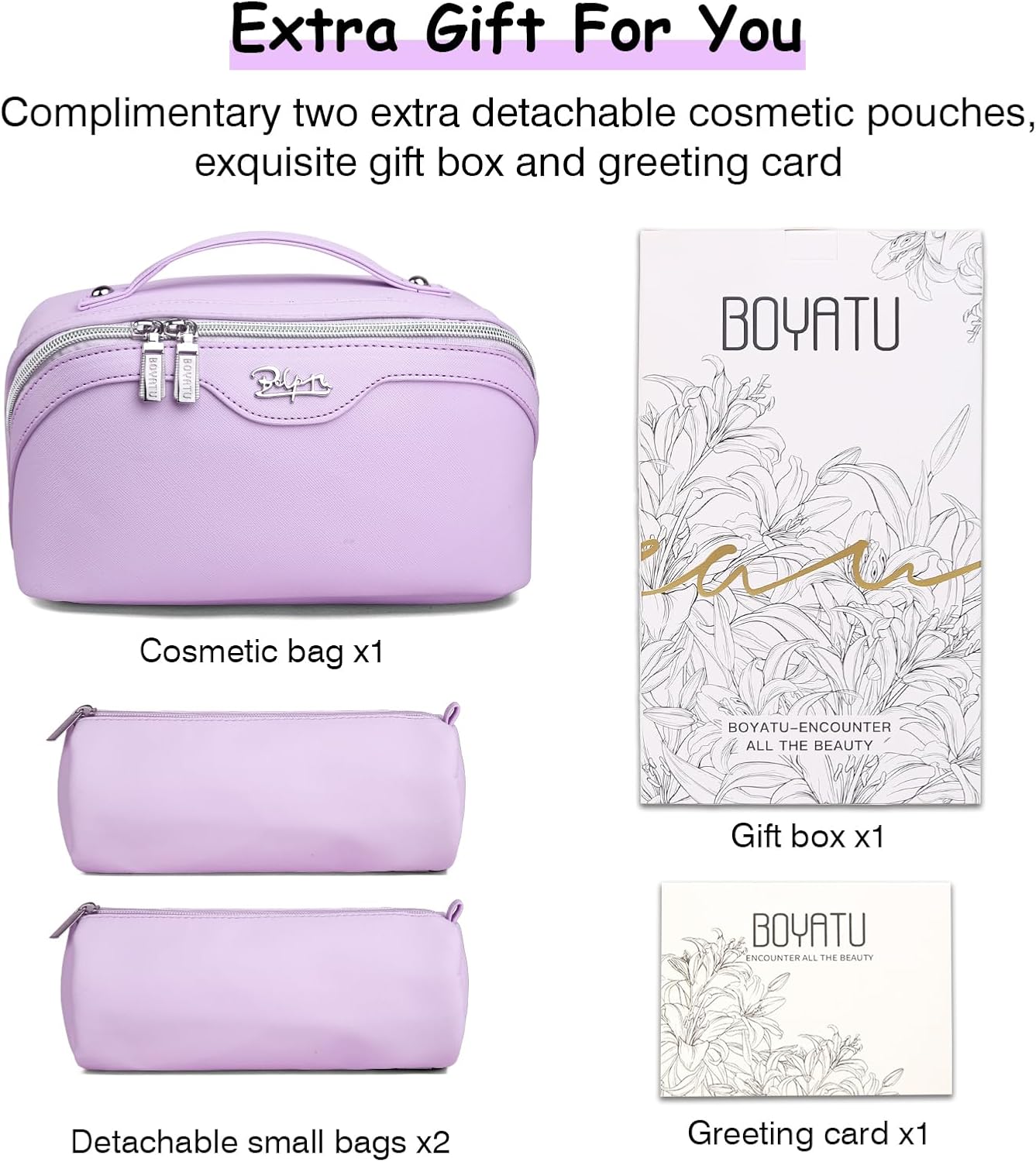 BOYATU Travel Makeup Bags for Women: Vegan Leather Cosmetic Bag Set of 3 - Large Capacity Make up Bag with Divider - Wide Open Waterproof Toiletry Organizer Bag with Handle (05-Purple)