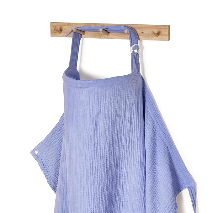 TILLYOU Muslin Nursing Cover for Baby Breastfeeding, 100% Cotton Breathable with Arch Neckline for Women, Blue