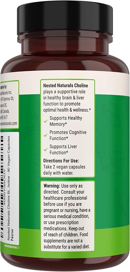 Nested Naturals Choline Bitartrate 500mg - High Potency Choline Supplements - Supports Cognitive Performance & Liver Function - 100% Vegan & Non-GMO Choline - 90 Vegan Capsules