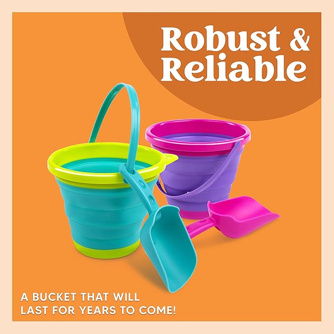 JOYIN Foldable Beach Bucket Set - 3 Packs Collapsible Toy Buckets with Shovels and Mesh Backpack for Kids Toddlers Party, Camping Gear, Travelling, Fishing Water Pail (Pink/Purple/Green)