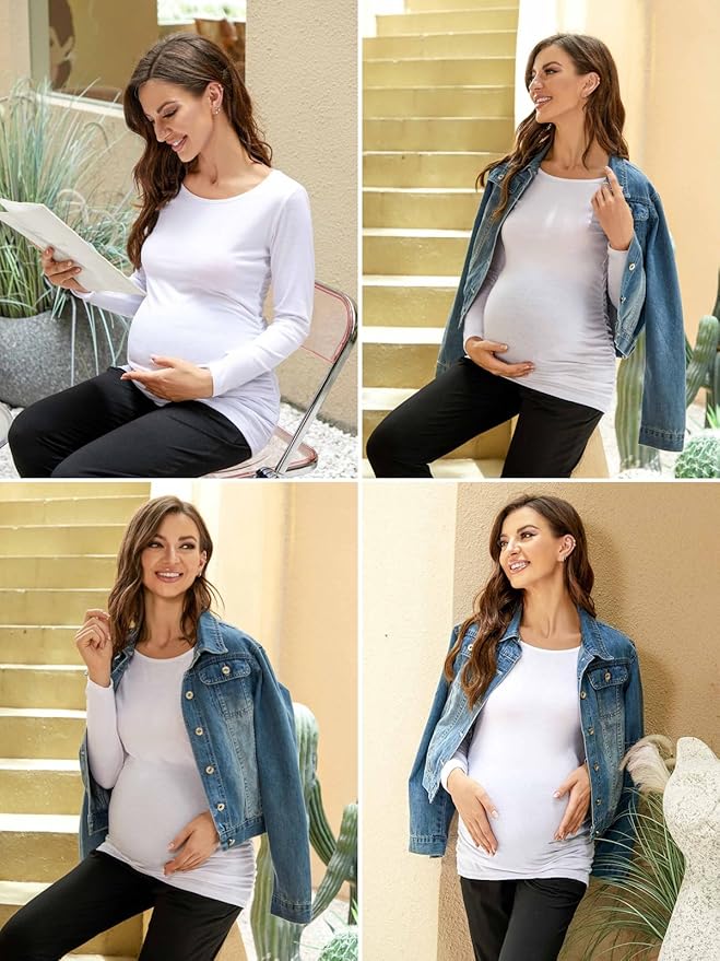 Ecavus Women's Maternity Shirts Long Sleeve Soft Stretchy Pregnancy Tops Side Ruched Casual Mama Clothes
