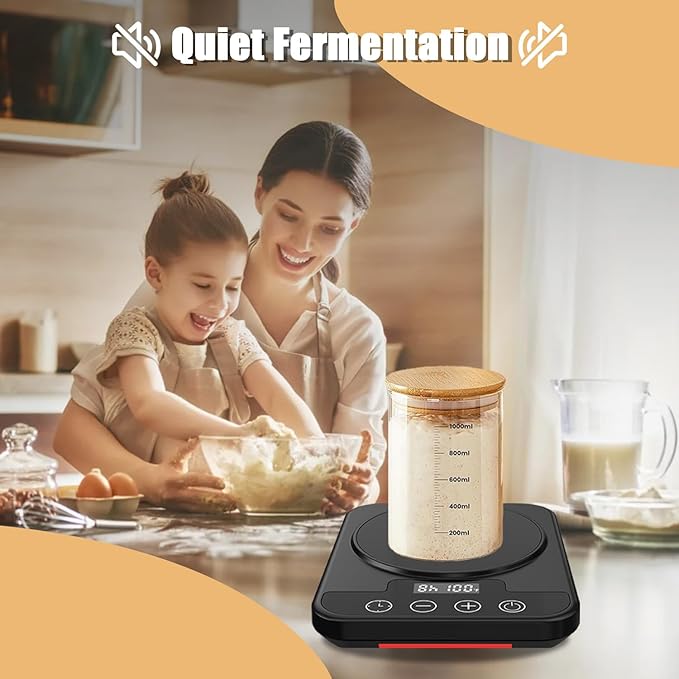 Sourdough Starter Warmer Mat, 12H Timer Warming Heating Pad, Precise 1°F Thermostat Control (70-100°F), Smart Memory Warming On/Off, Fits Jars Up to 40oz, Perfect for Home Baking (Black)