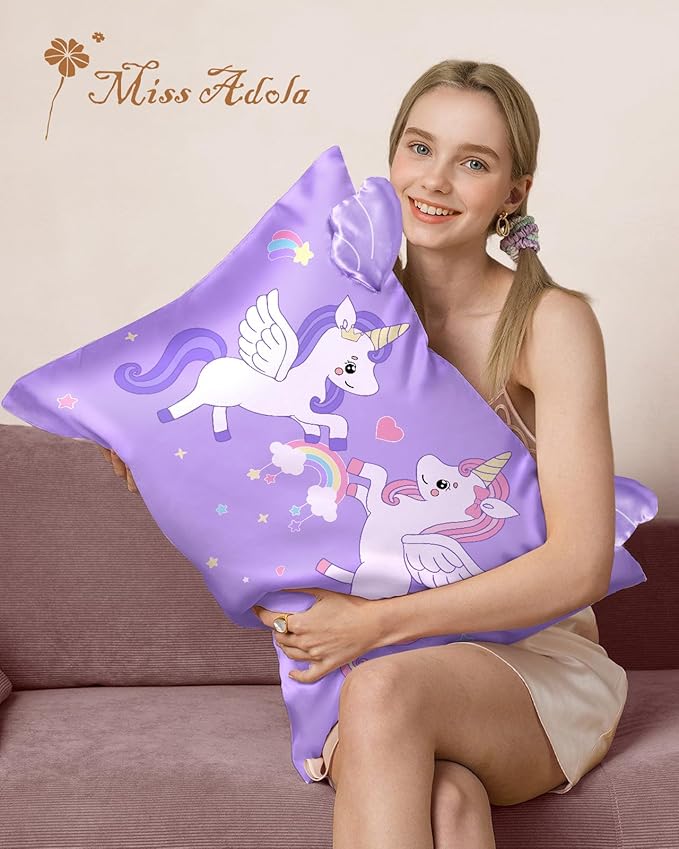 Kids Pillowcases Standard Size 20"x26" - Cute Cartoon Soft Breathable Silk Pillow Cases for Hair and Skin with Hidden Zipper for Girls Fun Kawaii Design for Bedding, Two Unicorns