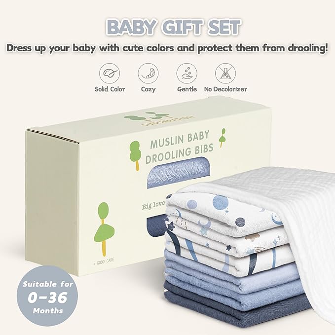 Susurration Muslin Baby Bibs 10Pack Bandana Drool Bibs Soft Adjustable Newborn for Unisex Girls & Boys (Blue Print)