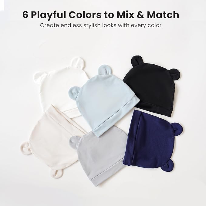 Konssy 6-Pack Baby Newborn Hats with Bear Ears Baby Beanie Hats - Soft Caps for Infant Boys & Girls, 0-3 Months