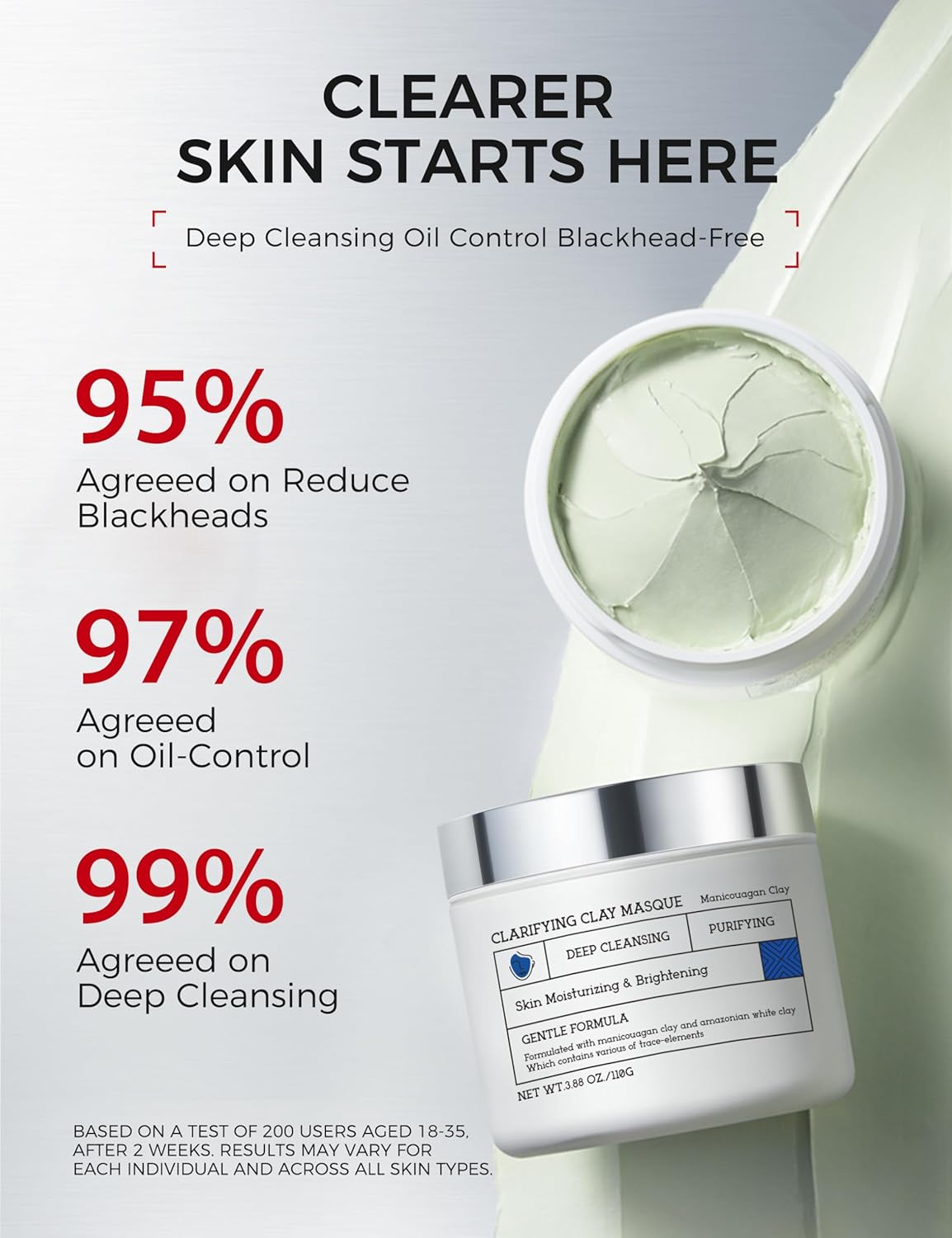 Clay Mask for Face Sensitive Skin: Triple Mud Formula, Deep Pore Cleansing, Hydrating, Oil Balancing, Smoothing, Pore Refining – 3.88 Oz